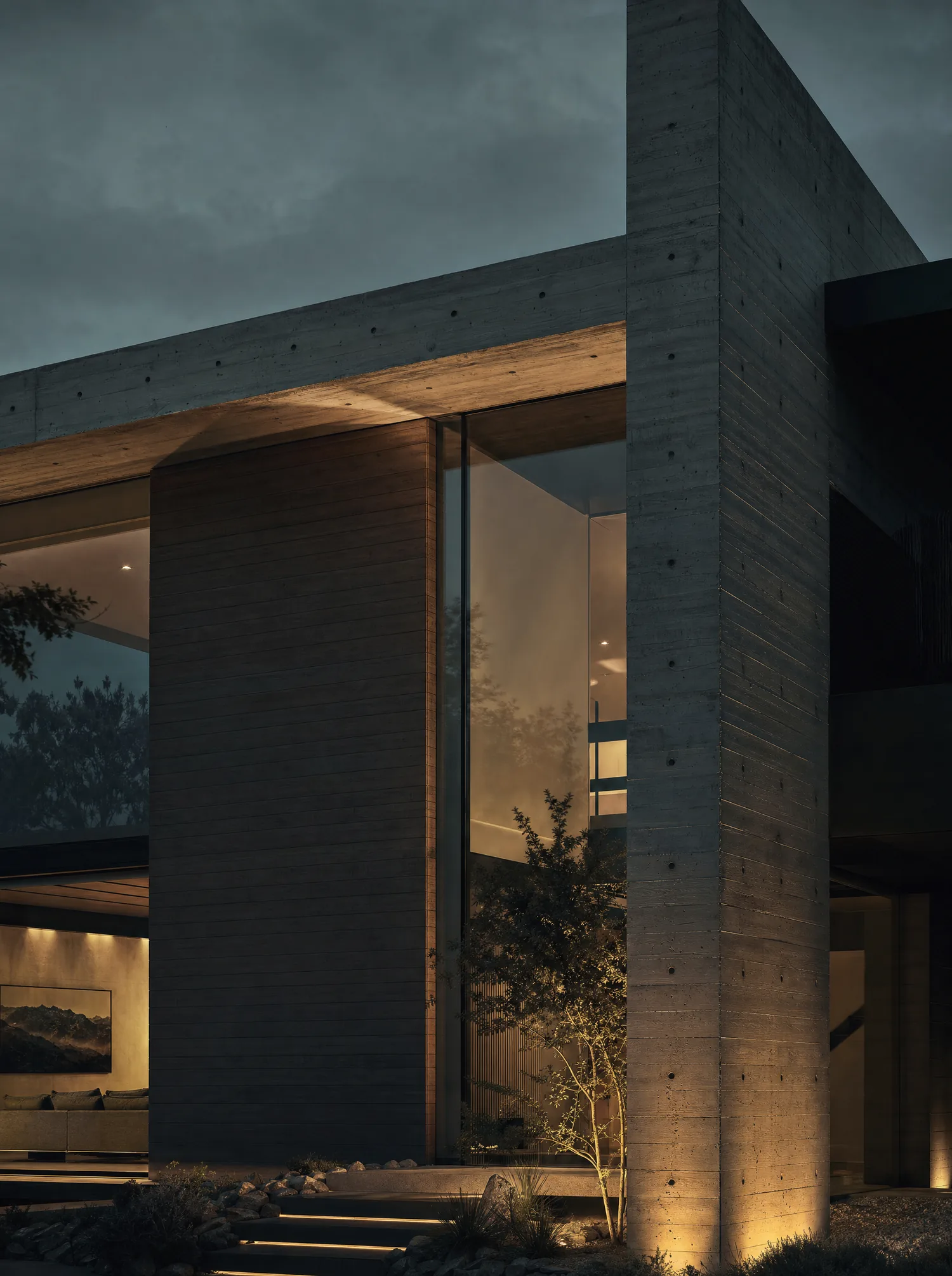 Contemporary townhome facade detail at dusk