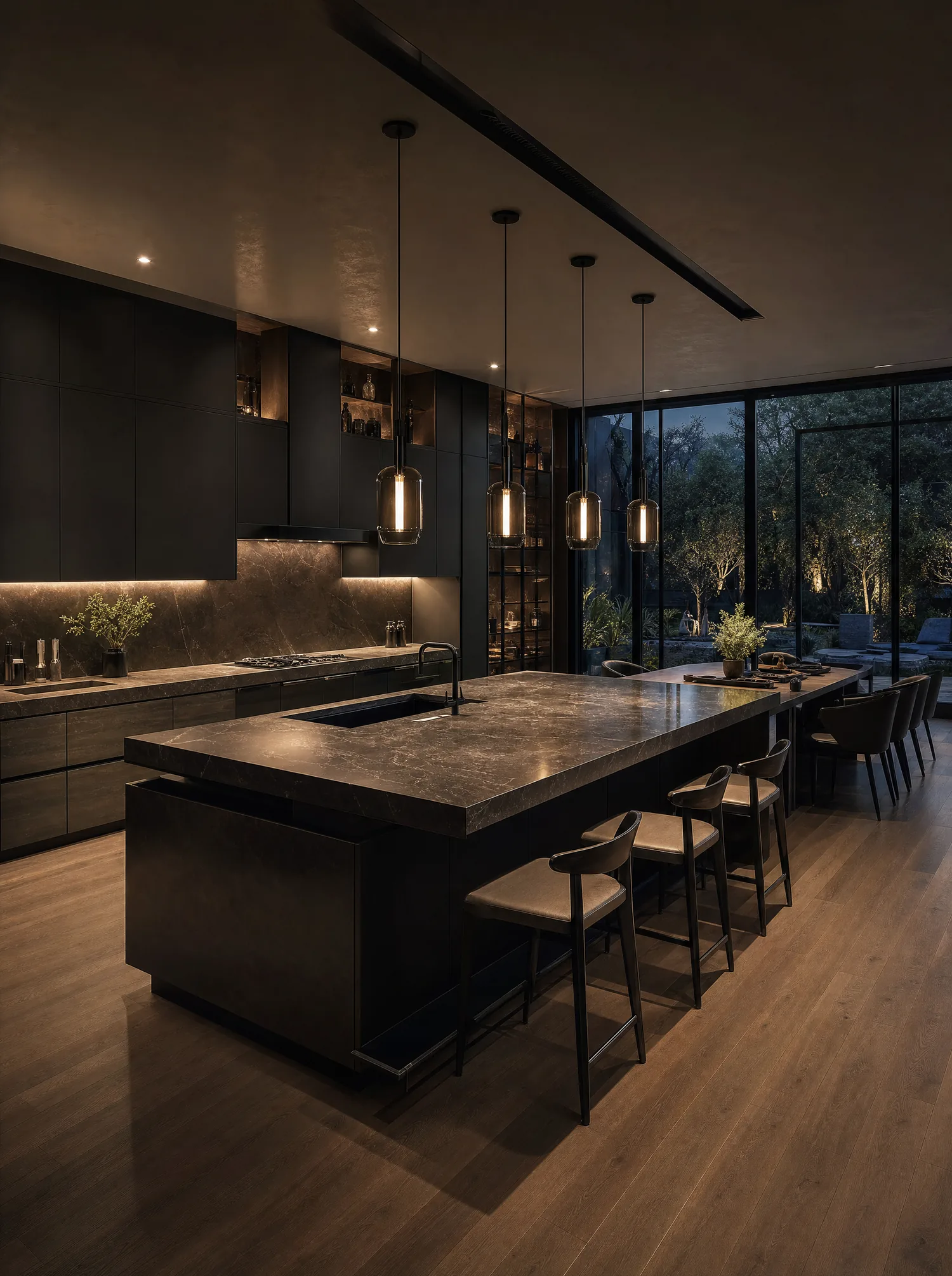 Modern kitchen with island and warm pendant lighting