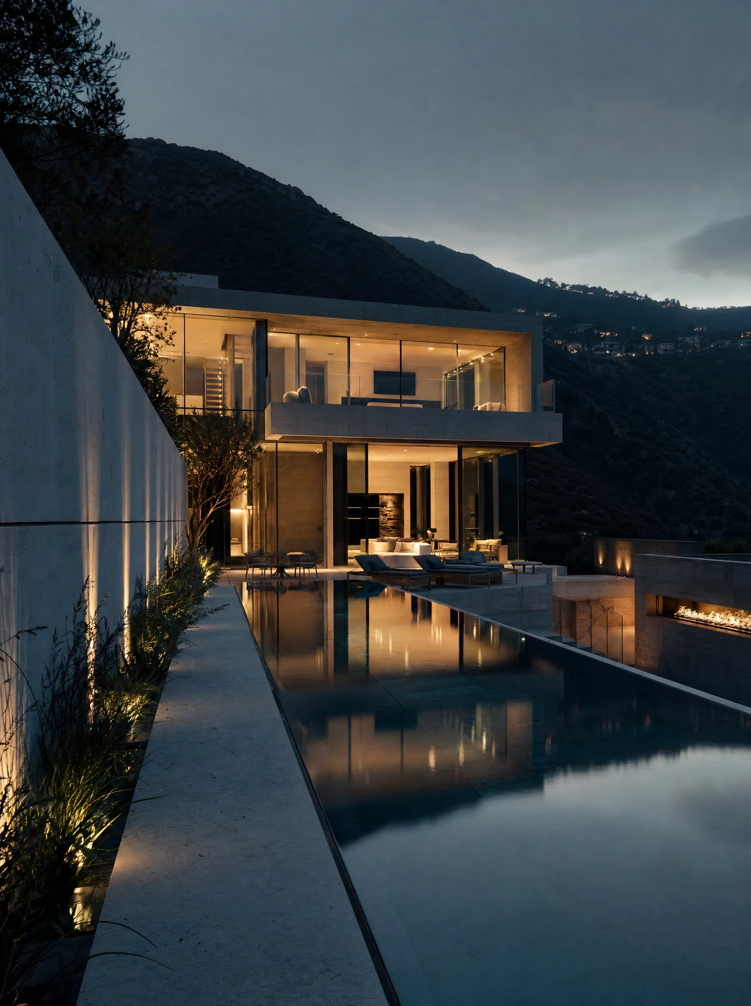 Modern house with a long reflecting pool at dusk