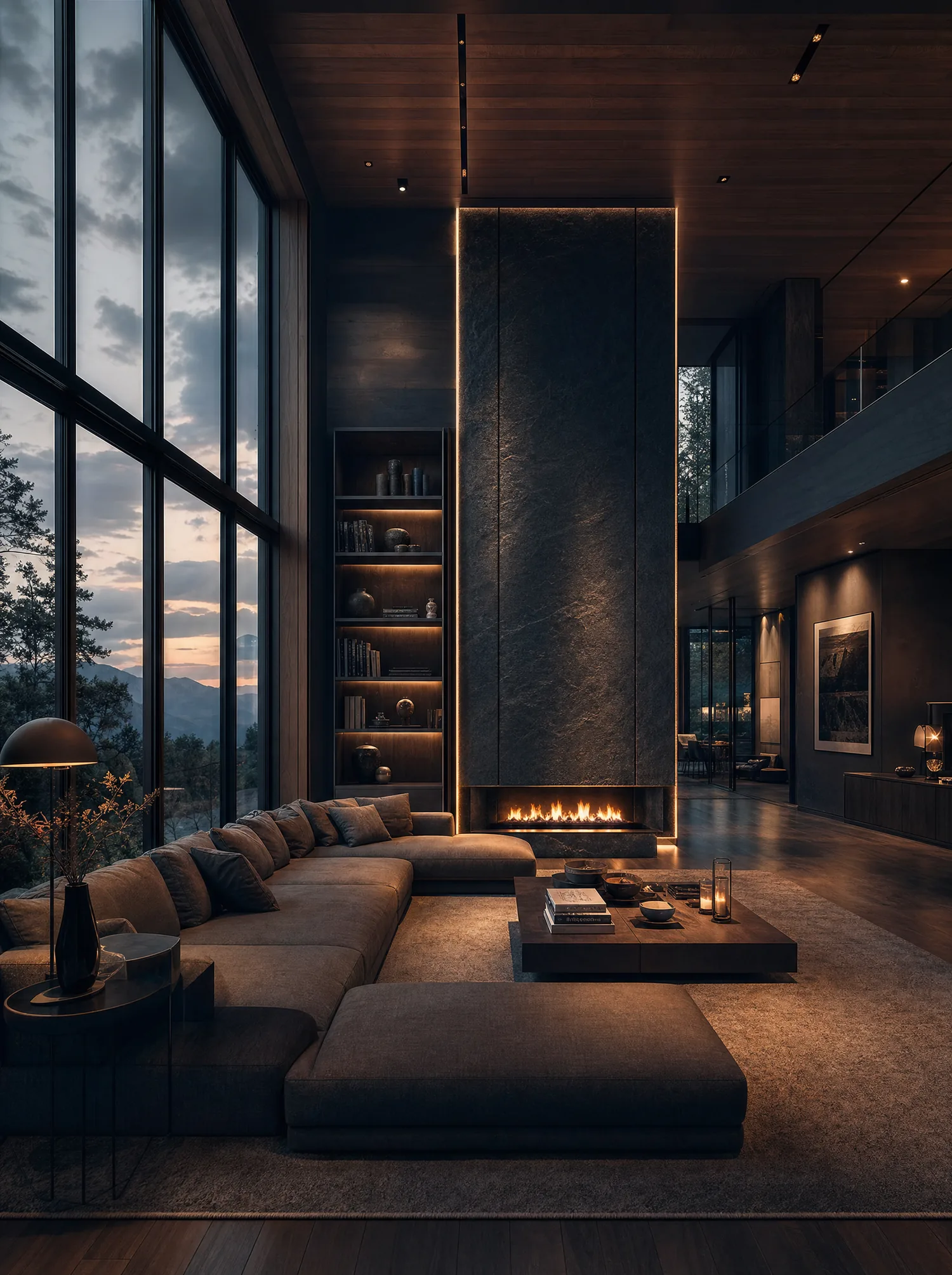 Warm modern living room in soft evening light